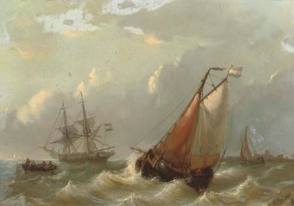 Dutch vessels on choppy waters by a coast