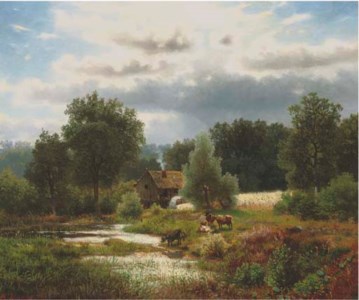 Cattle by a watermill