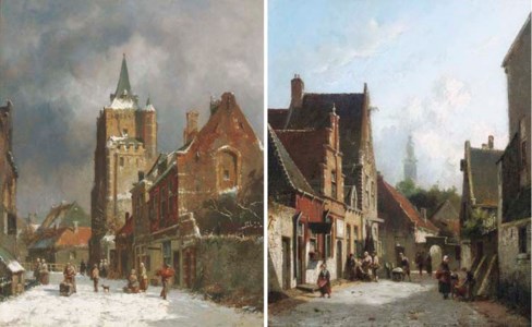 A snow covered street; and A sunlit street