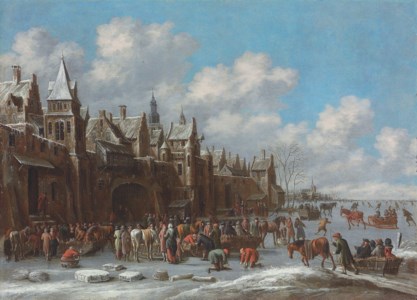 A winter landscape with villagers on a frozen lake outside a town