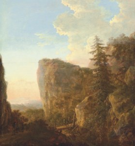 A mountainous landscape with travellers crossing a bridge
