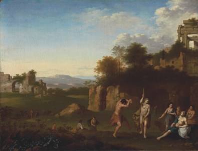 An extensive landscape with a Bacchanal, architectural ruins beyond