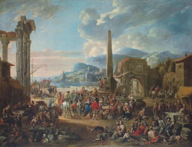 A capriccio of a mediterranean port with Roman ruins