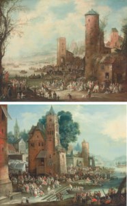 A harbour scene with a marketplace; and A harbour scene with market tents and street theatre, boats docking in the foreground