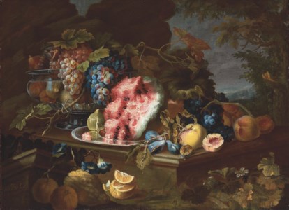 Lemons, pears, a fig, a watermelon, plums, and grapes in a metal vessel on a stone table