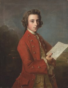 Portrait of a boy, said to be General James Wolfe, three-quarter-length, in a red coat, holding plans of fortifications