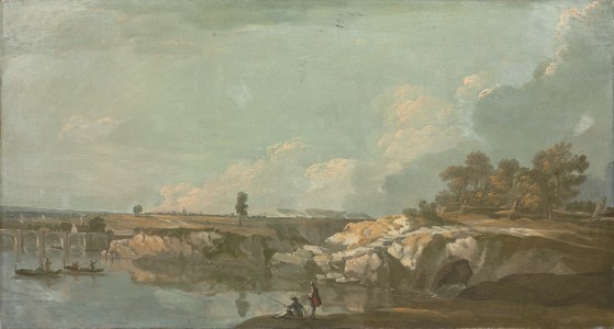 An extensive river landscape, with fishermen in the foreground