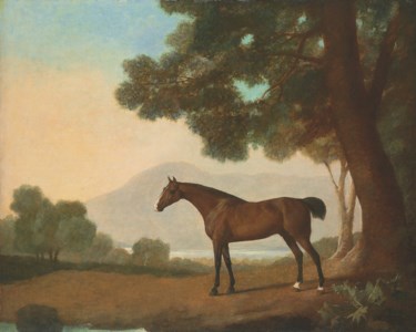 Lord Clermont's Bay racehorse Johnny , in a wooded landscape, with a lake and hills beyond