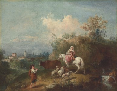 A pastoral landscape, with a woman and child on a white horse, a shepherd playing a pipe and a village beyond