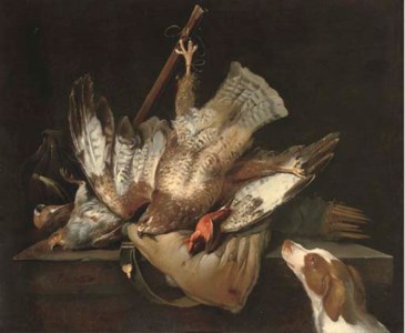 A hunting still life with a falcon, a partridge, a kingfisher, a game bag on a ledge and a spaniel
