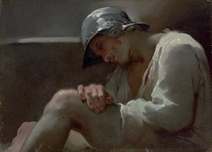 A sleeping legionary in a helmet