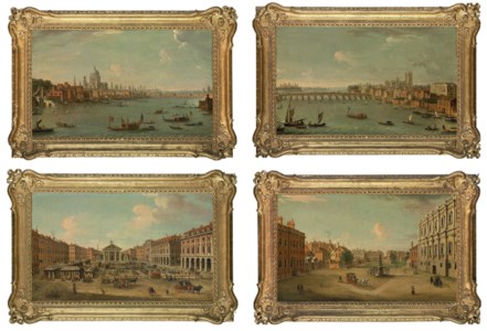 Four views of London: The Thames looking towards St. Pauls; The Thames looking towards Westminster; Covent Garden; and The Privy Garden, Whitehall