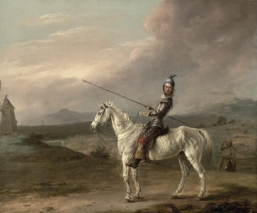 Don Quixote and Sancho Panzo preparing to attack a windmill