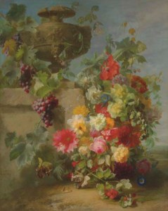 Still Life of Roses, Morning Glories, Chrysanthemums, Forget-me-nots, Grapes and Raspberries by a decorative stone Urn on a Ledge in a Landscape