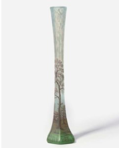 AN ACID-ETCHED AND ENAMELLED GLASS LANDSCAPE SOLIFLEUR VASE