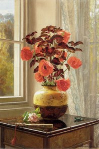 Oriental Poppy and Coleus in a Cloisonné vase, with a fan on a faux bamboo table