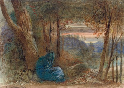 A wayfarer resting by a lake