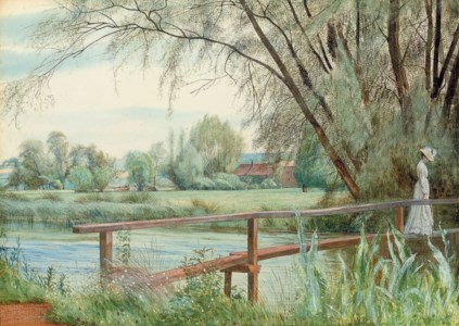 An elegant female figure on a footbridge