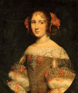 Portrait of a young lady, three-quarter-length, in an embroidered and jeweled dress with pink ribbons in her hair