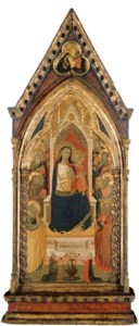 The Gould Madonna, Madonna and Child with Saint Peter, Saint Francis and six saints adorned by two patrons; Christ blessing the Virgin in the pinnacle