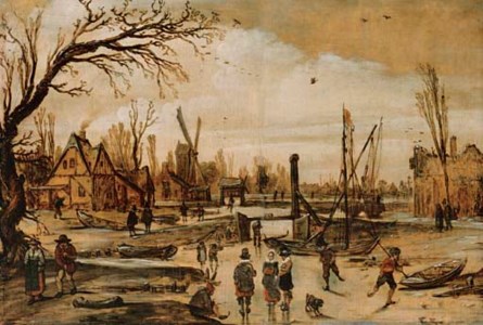 A winter landscape with figures skating on a frozen canal