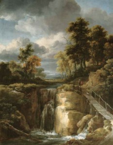 A wooded river landscape with a waterfall and figures