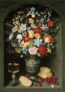 Irises, tulips, anemone, snake's head fritillaria, lilies, columbine, narcissus, carnations, turk's cap lilies, violets, rosemary, bellflowers, jonquils, a pink rose, a red peony, a chrysanthemum, foxglove, clematis, snapdragons and other flowers in a decorated pewter jug with a black and red striped beetle, on a ledge in a stone niche with a cylindrical glass goblet of white wine, a sliced roll, cherries, a stag beetle and a knife.