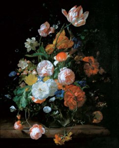 Rachel Ruysch, Roses, tulips and other flowers in a glass vase on a stone ledge