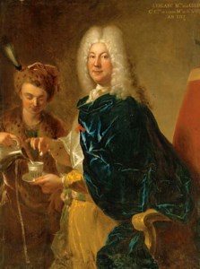 Portrait of Le Blanc, Minister of War, three-quarter-length, being served chocolate by a young male servant