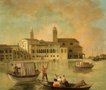 Venice, a view of San Biagio and the church of San Biagio e Cataldo on the Giudecca with elegant figures in a burchiello