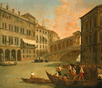 Venice, a view of the Grand Canal with the Rialto Bridge from the North