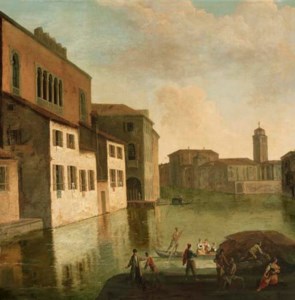 Venice, a view of the Fondaco dei Turchi, the canal of the Canareggio with the church and campanile of San Geremia in the distance