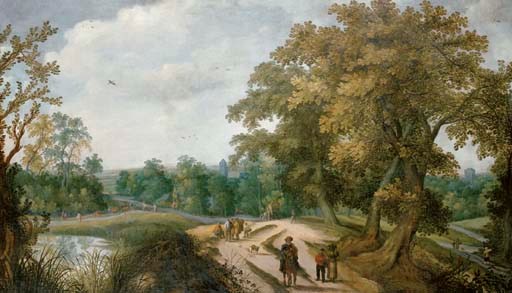 Peasants and travelers on a path, a village beyond