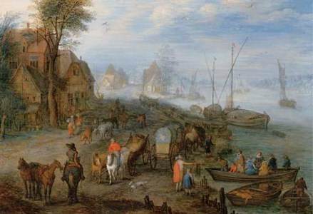 A port scene with rowboats
