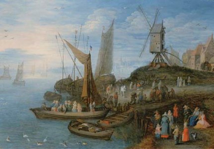 Sailboats and a windmill at a port