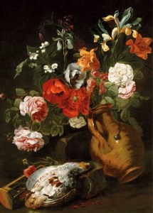 Roses, iris, poppies, lilies and other flowers in a tipped earthenware vase with a partridge and hourglass, on a bank