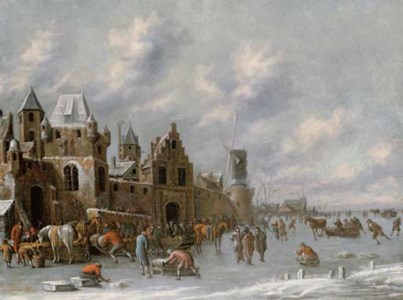 Figures on a frozen canal by a walled town