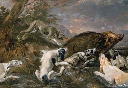 Hounds attacking a boar in a river landscape