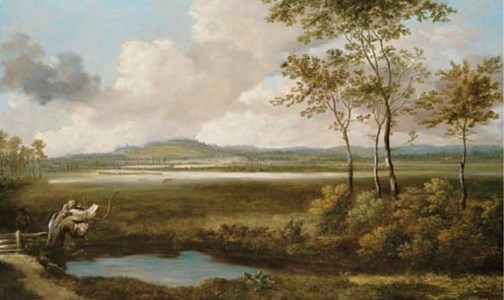 A view in the Thames Valley with a figure by a pond in the foreground