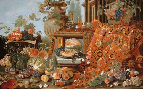 Melons, grapes, peaches and figs on the ground and a Corinthian capital, a glass and flask on a pewter tray and fruit in a glass bowl, all atop a carpet set on a marble ledge with a classical building beyond