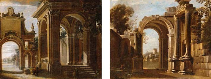 A architectural capriccio with figures by a fountain, a portal beyond; A capriccio with a figure with his dog resting by a well