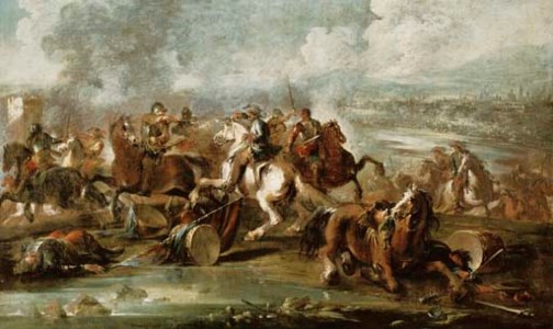 A cavalry skirmish on a riverbank, a city beyond