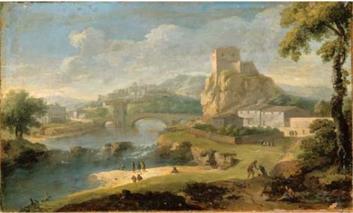 Figures in a river landscape with a bridge and walled city beyond