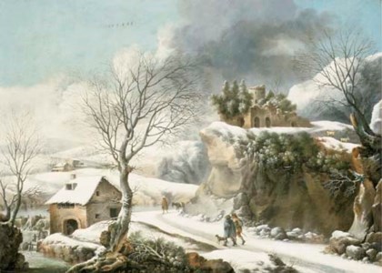 A winter landscape with travelers on a path