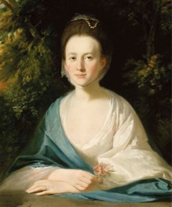 Portrait of Miss Hippisley, half-length, in a white dress and blue shawl, holding a bunch of flowers