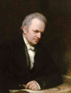 Portrait of a man in a black jacket with a white cravat holding his glasses
