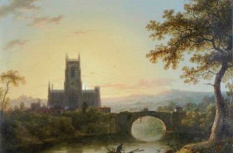 A river landscape with a church and a fisherman in the foreground