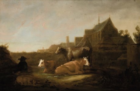 A Herdsman in a field, the Duitsche Huis and Mariakerk, Utrecht beyond