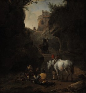 Peasants playing cards by a white horse
