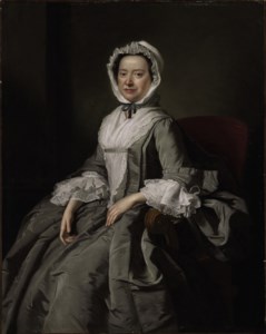 Portrait of a lady, three-quarter length, seated in a grey silk dress and white bonnet